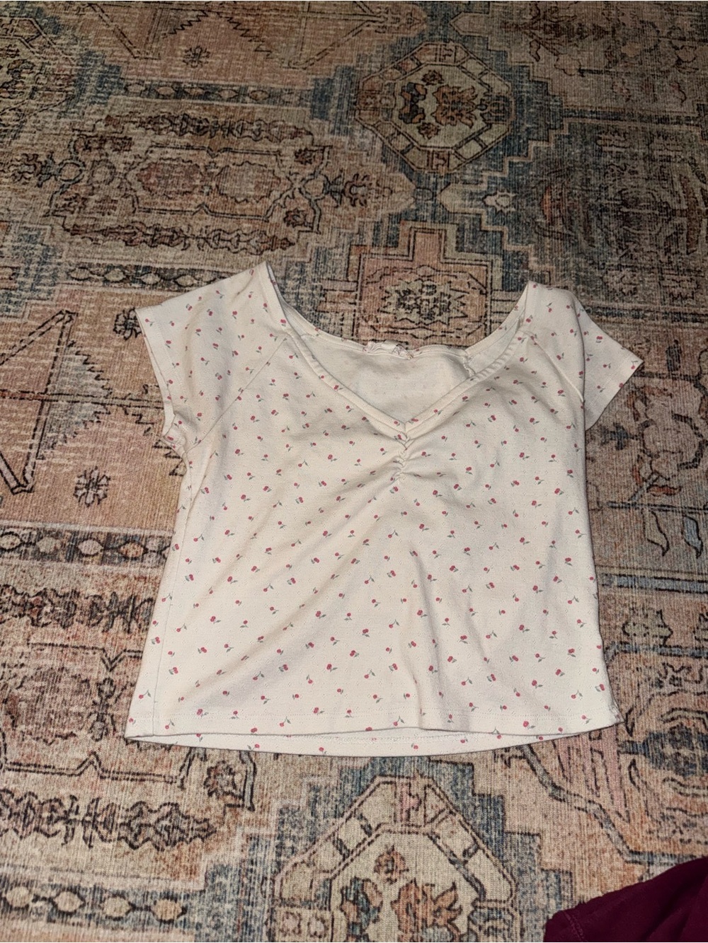 White V-Neck Crop Top with Tiny Pink Floral Print